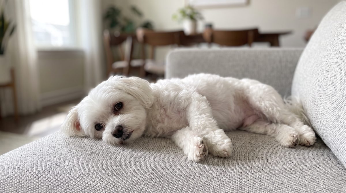 The same white dog, now calm and healthy, resting on a couch